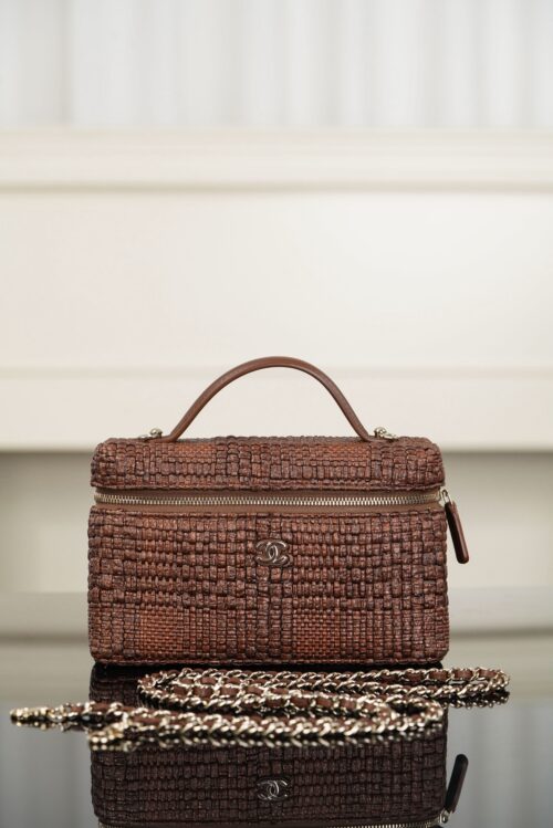 chanel classic vanity with chain braided raffia brown