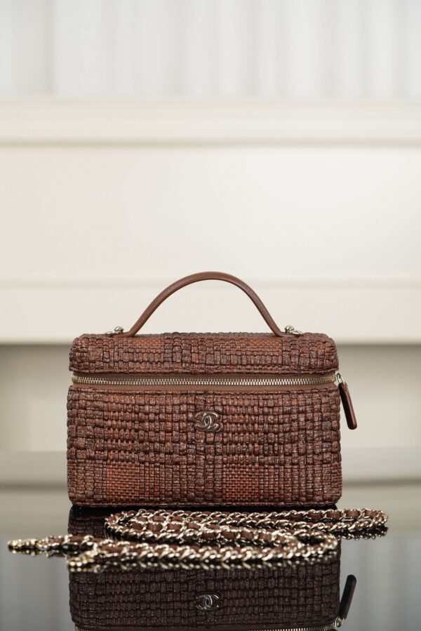 chanel classic vanity with chain braided raffia brown