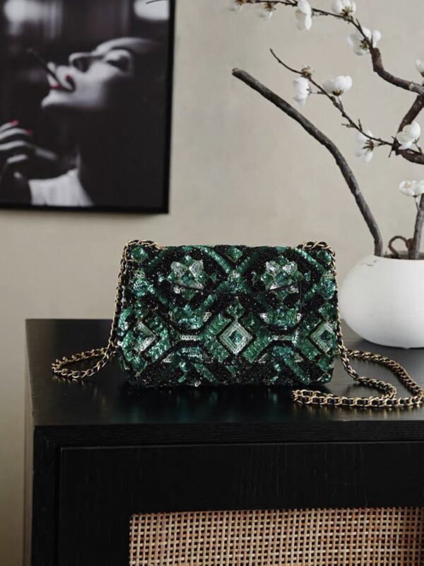 chanel green and black mosaic sequin mini flap bag gold hardware