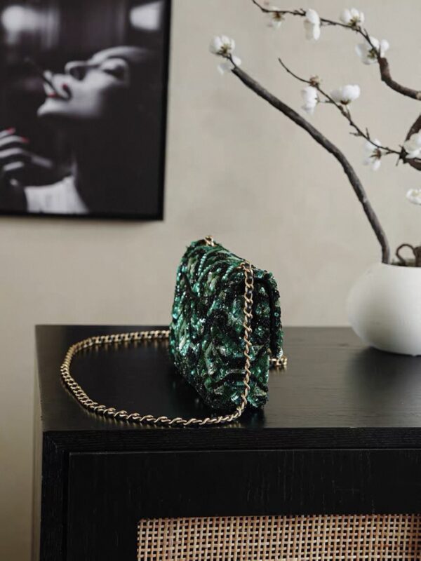 chanel green and black mosaic sequin mini flap bag gold hardware