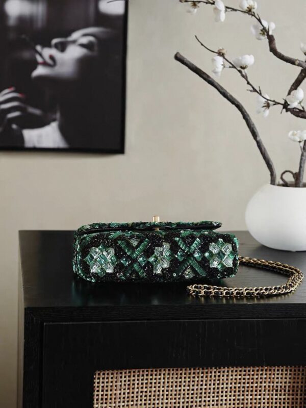 chanel green and black mosaic sequin mini flap bag gold hardware