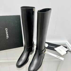 CHANEL riding boots with CC and chain at back