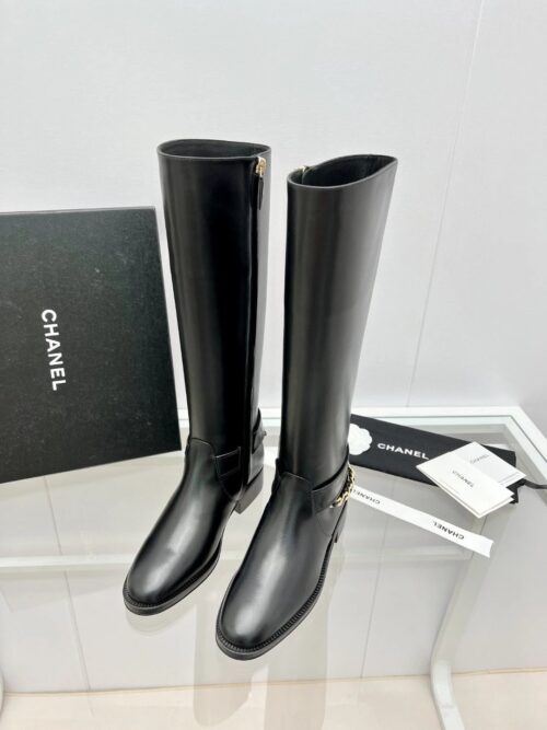 CHANEL riding boots with CC and chain at back