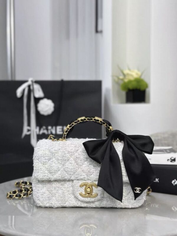 CHANEL Mini flap bag with top handle Tweed ,Silk