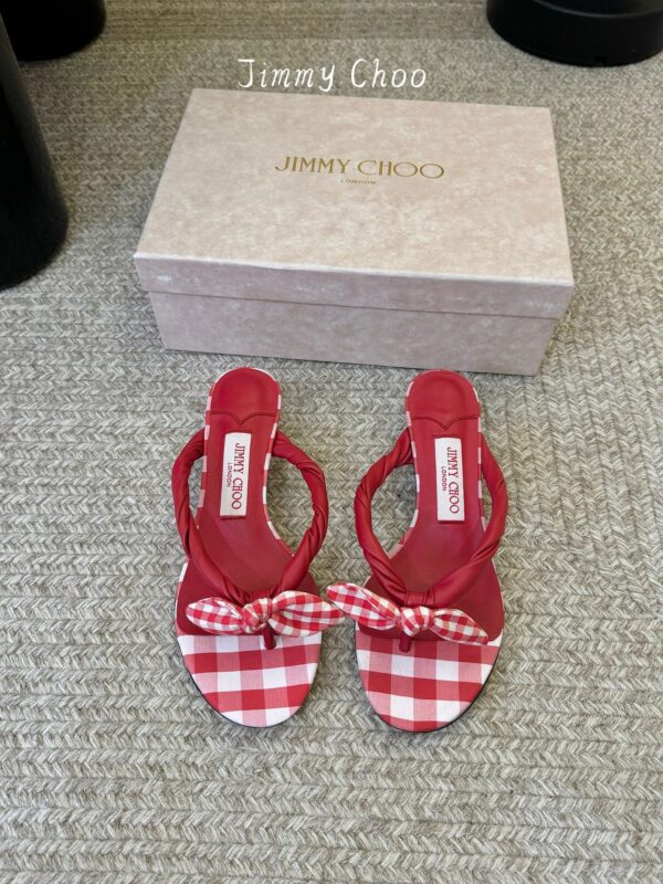 JIMMYCHOO Ruby Red Mix Mixed Gingham Cotton Mule Sandals with Gingham Bow