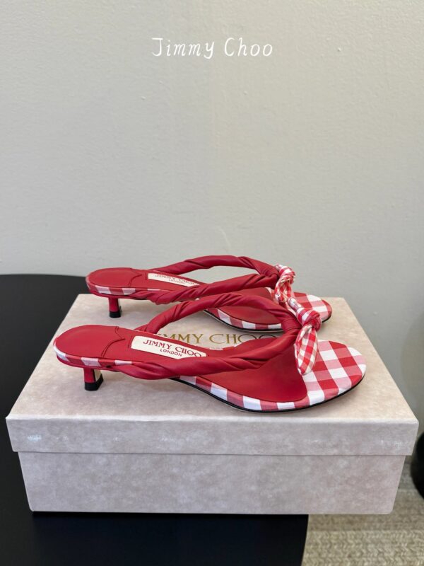JIMMYCHOO Ruby Red Mix Mixed Gingham Cotton Mule Sandals with Gingham Bow