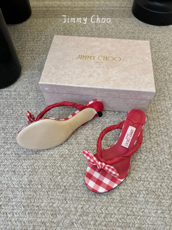 JIMMYCHOO Ruby Red Mix Mixed Gingham Cotton Mule Sandals with Gingham Bow