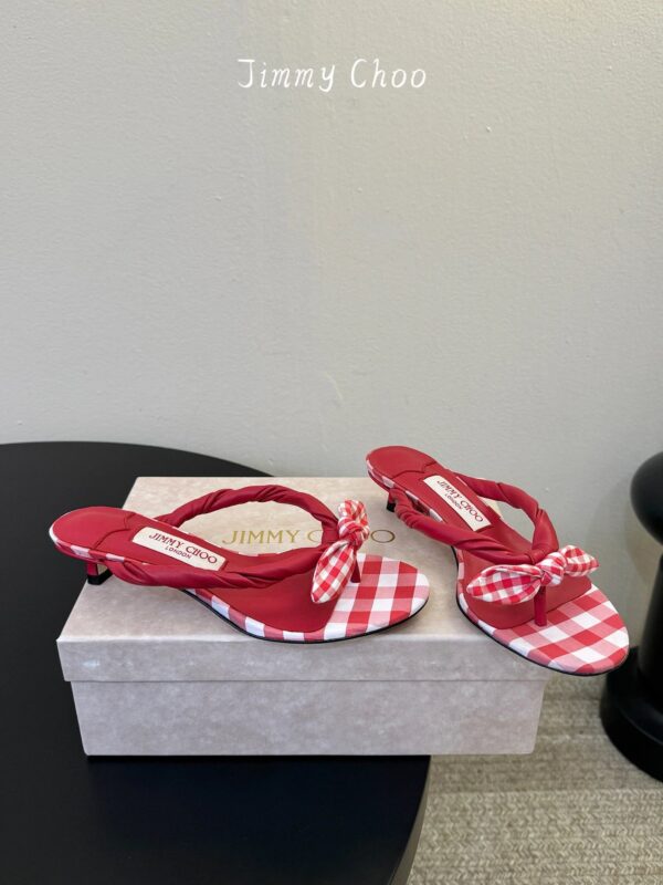 JIMMYCHOO Ruby Red Mix Mixed Gingham Cotton Mule Sandals with Gingham Bow