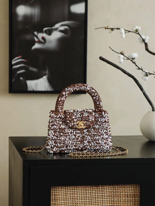 CHANEL Kelly 26c Bag in Brown Base Fabric with Dense Bead and Sequin Embroidery