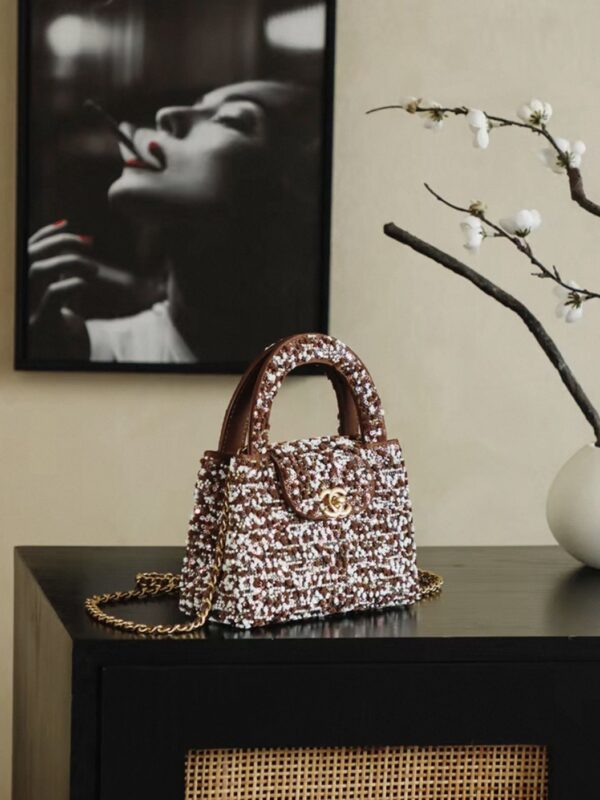 CHANEL Kelly 26c Bag in Brown Base Fabric with Dense Bead and Sequin Embroidery