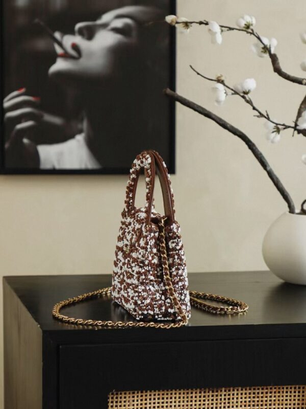CHANEL Kelly 26c Bag in Brown Base Fabric with Dense Bead and Sequin Embroidery