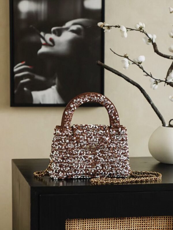 CHANEL Kelly 26c Bag in Brown Base Fabric with Dense Bead and Sequin Embroidery
