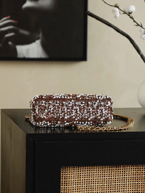 CHANEL Kelly 26c Bag in Brown Base Fabric with Dense Bead and Sequin Embroidery