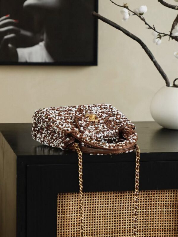 CHANEL Kelly 26c Bag in Brown Base Fabric with Dense Bead and Sequin Embroidery