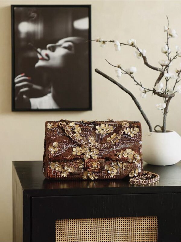 CHANEL Medium Large Classic Flap Bag in Embroidered Satin, Sequins, Glass beads
