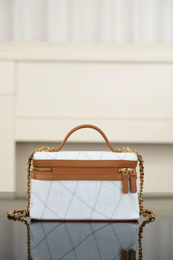CHANEL Washed Denim Calfskin Vanity Case With Chain Blue Brown
