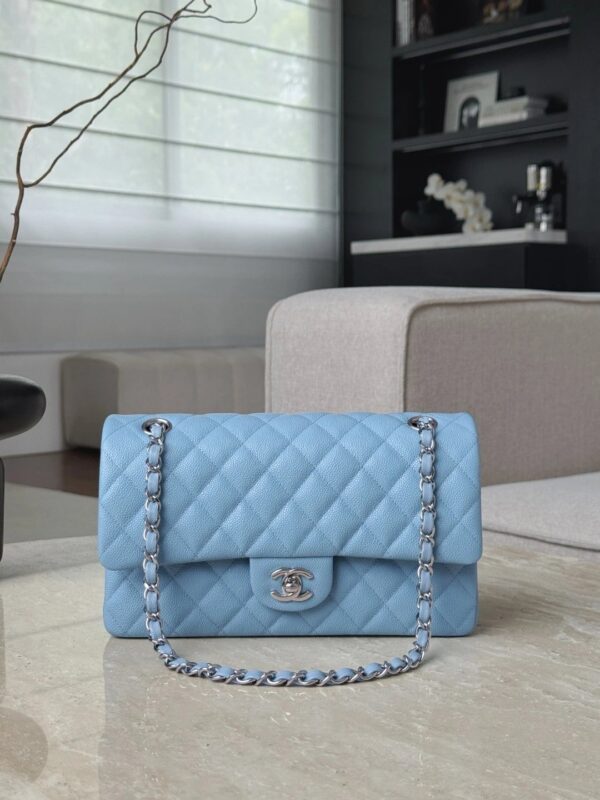 CHANEL Baby Blue Classique Flap Medium Handbag Silver Hardware