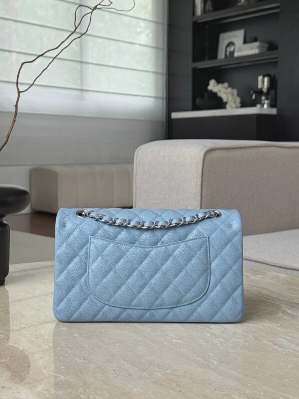 CHANEL Baby Blue Classique Flap Medium Handbag Silver Hardware