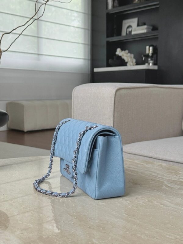 CHANEL Baby Blue Classique Flap Medium Handbag Silver Hardware