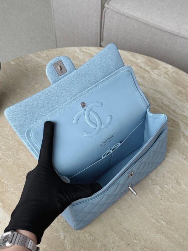 CHANEL Baby Blue Classique Flap Medium Handbag Silver Hardware