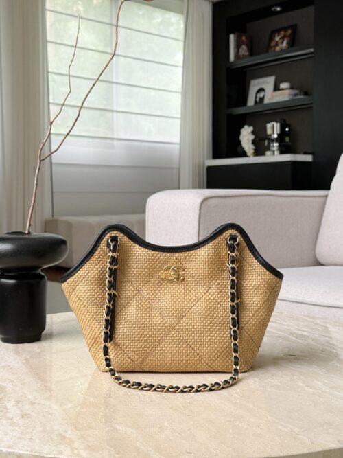 chanel mini coco shopping bag raffia and black calfskin