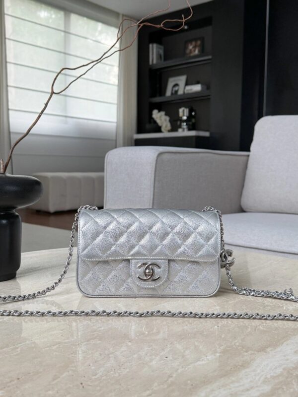 CHANEL Metallic Caviar Quilted Mini Rectangular CC Slide Flap Silver