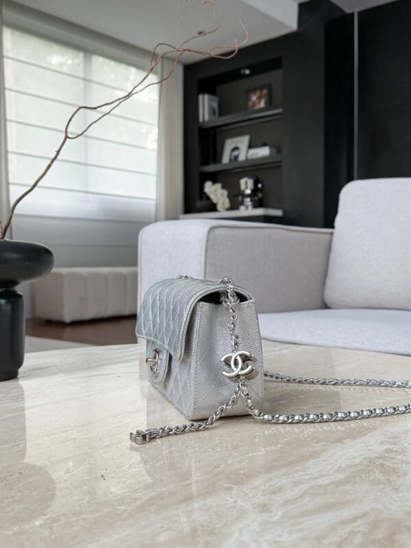 CHANEL Metallic Caviar Quilted Mini Rectangular CC Slide Flap Silver