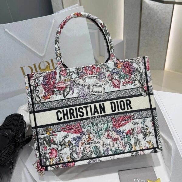 DIOR Canvas Embroidered Medium Book Tote White Multicolor