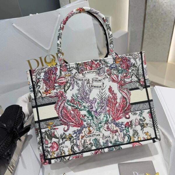 dior canvas embroidered medium book tote white multicolor
