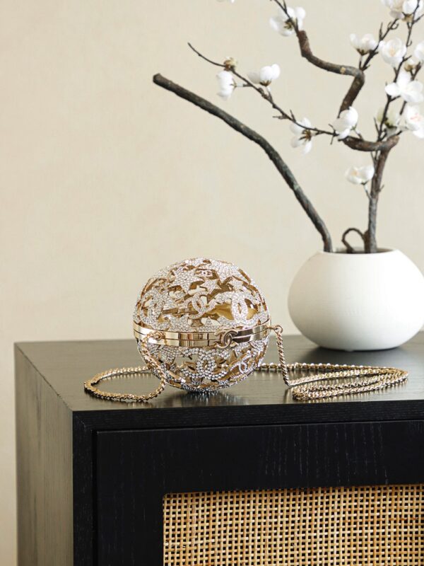 CHANEL Gold Metal Strass Crystal Sphere Minaudiere Clutch