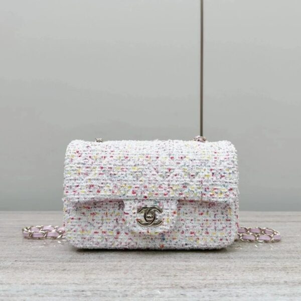 CHANEL Tweed Sequin Quilted Mini Rectangular Flap White Pink