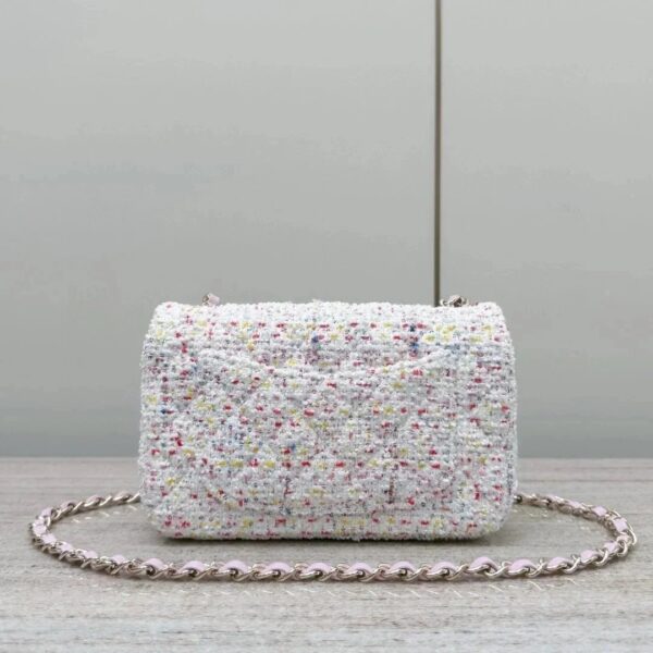 CHANEL Tweed Sequin Quilted Mini Rectangular Flap White Pink