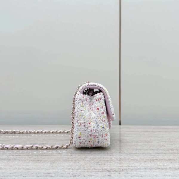 CHANEL Tweed Sequin Quilted Mini Rectangular Flap White Pink