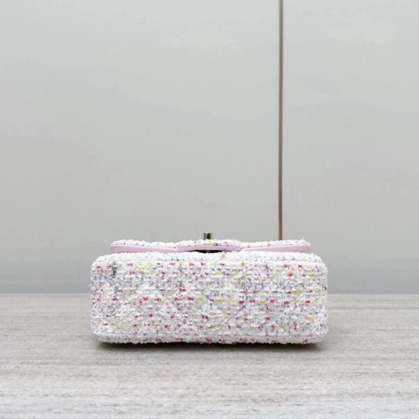 CHANEL Tweed Sequin Quilted Mini Rectangular Flap White Pink
