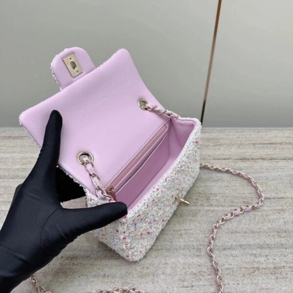CHANEL Tweed Sequin Quilted Mini Rectangular Flap White Pink
