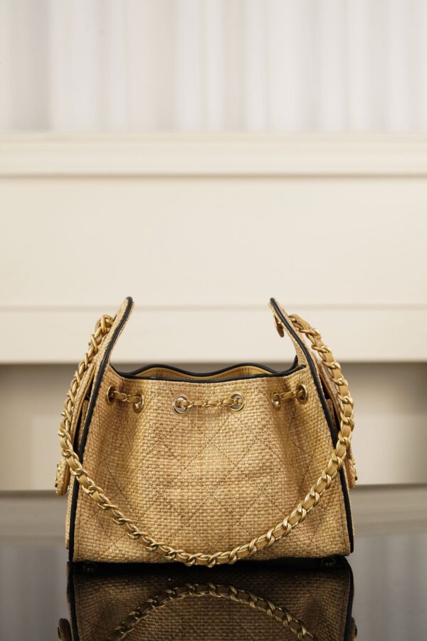 CHANEL MINI 25 Hobo Bag Beige Raffia and Black Calfskin