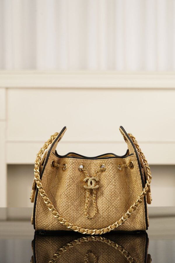 CHANEL MINI 25 Hobo Bag Beige Raffia and Black Calfskin