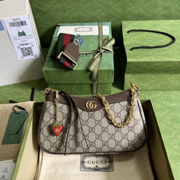 GUCCI Ophidia Strawberry Logo Pendant Chain Canvas with Leather Trim Underarm Bag