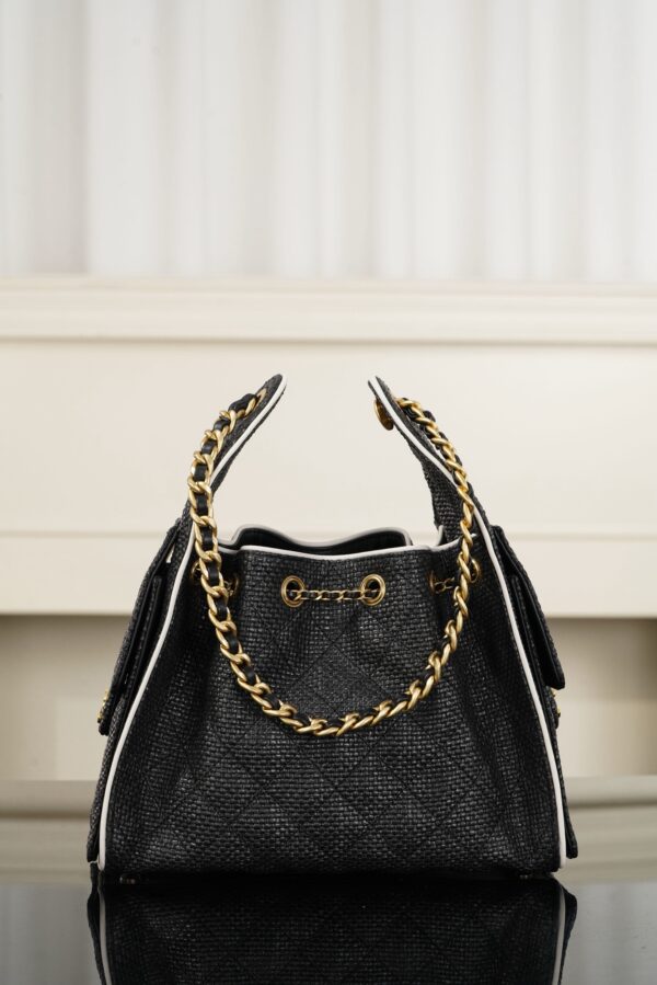 CHANEL 25bag Braided Black Raffia and White Calfskin