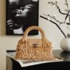 chanel mini fringe kelly dark beige raffia wood