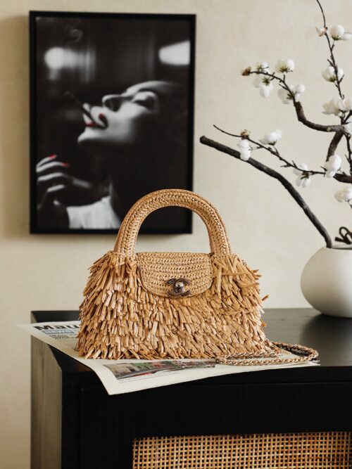 chanel mini fringe kelly dark beige raffia wood