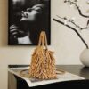 chanel mini fringe kelly dark beige raffia wood