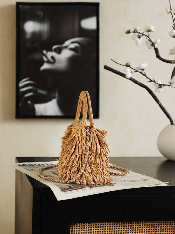chanel mini fringe kelly dark beige raffia wood