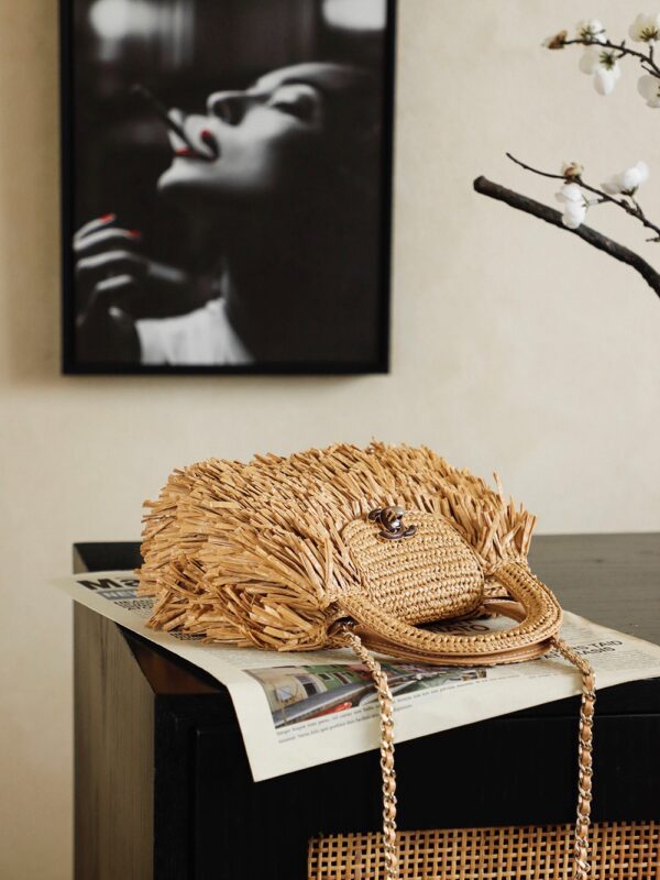 CHANEL MINI Fringe Kelly Dark Beige Raffia Wood