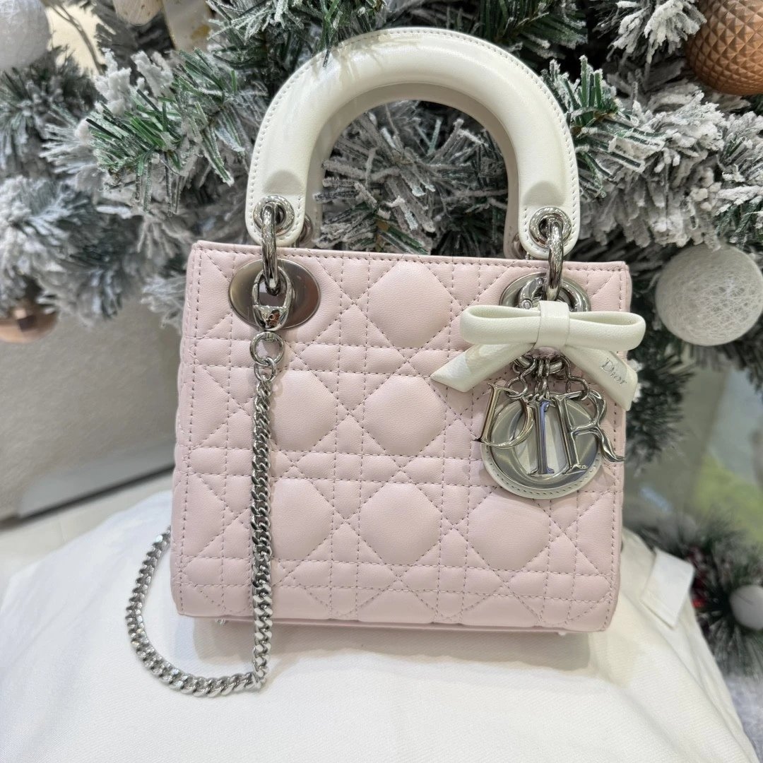 IMG_8806 Mini Lady Dior Bag with Chain Two-Tone White and Pink Cannage Lambskin - 图片 2