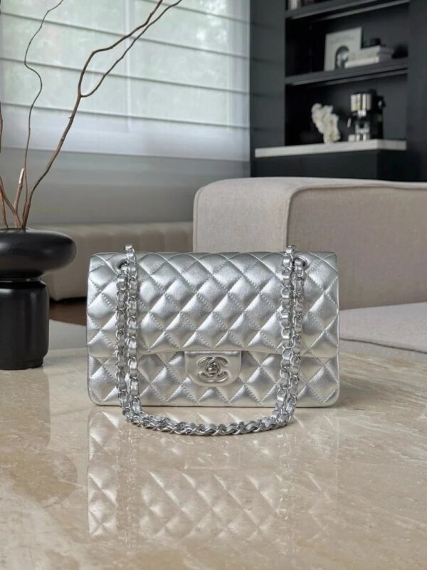 CHANEL Silver Classique Flap Medium Handbag