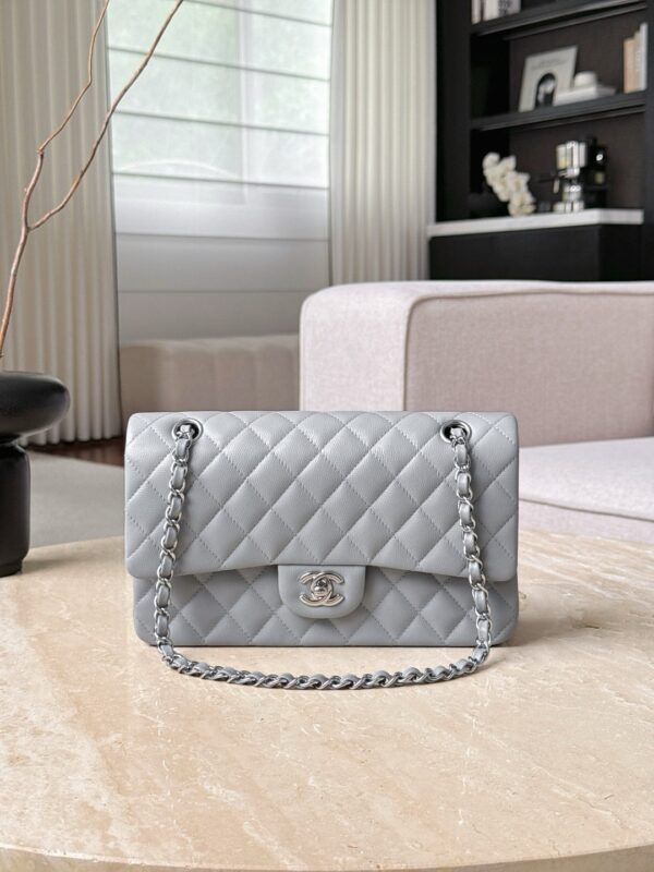 CHANEL Classique Flap Medium Light Grey Caviar Leather