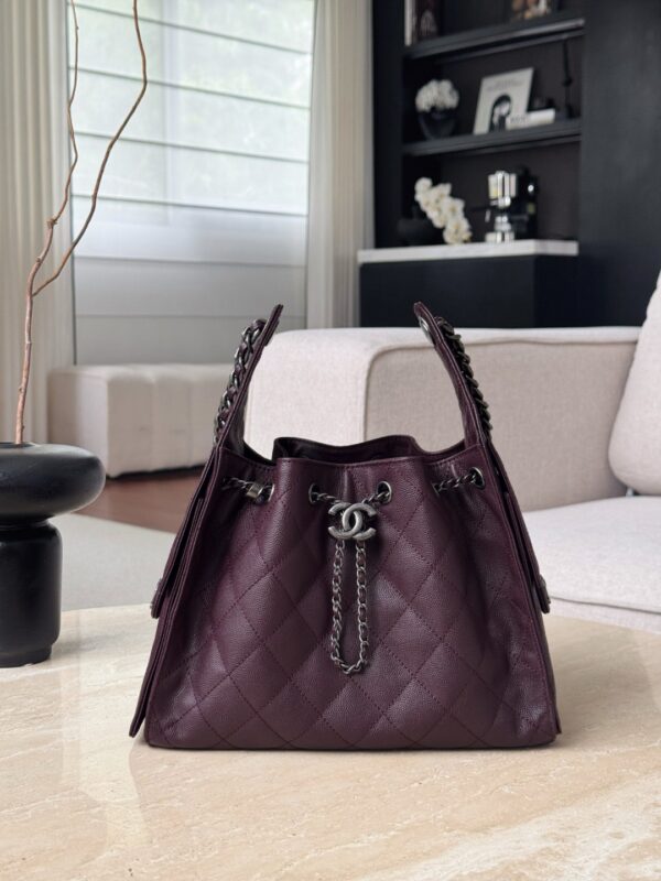 CHANEL 25 Hobo Bag Caflskin Dark Burgundy With Charcoal Color Hardware