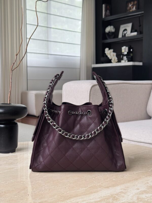 CHANEL 25 Hobo Bag Caflskin Dark Burgundy With Charcoal Color Hardware