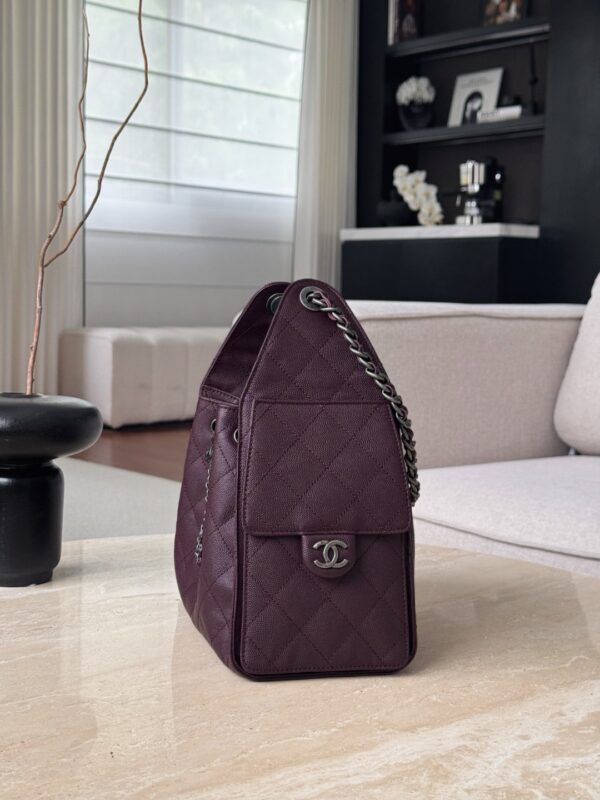CHANEL 25 Hobo Bag Caflskin Dark Burgundy With Charcoal Color Hardware